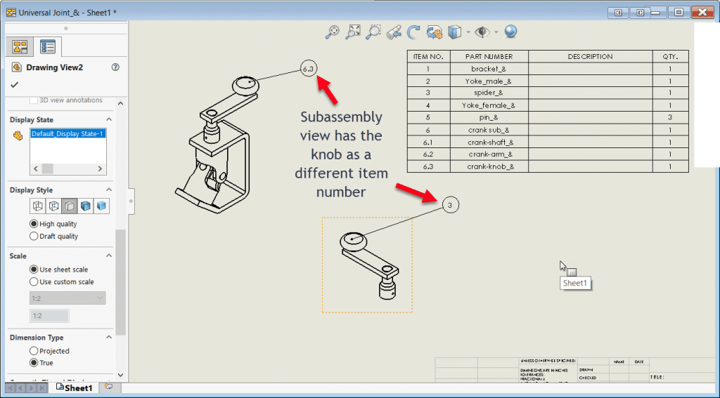 Subassembly view has the knob as a different item number
