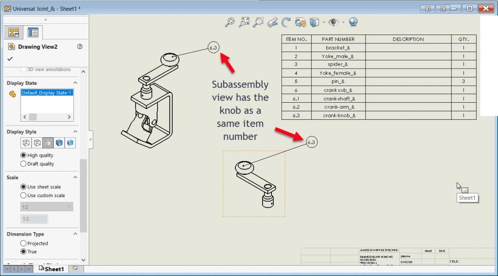Subassembly view has the knob as a same item number
