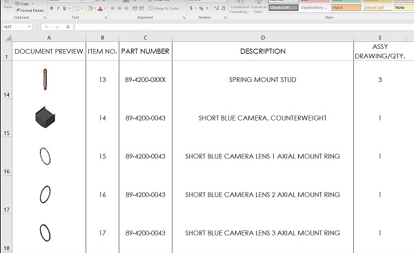 Sample data output of the spreadsheet