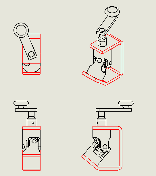 Drawing view with multiple parts in red and black line components 