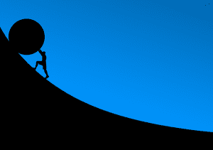 Human figure pushing a boulder up a mountain