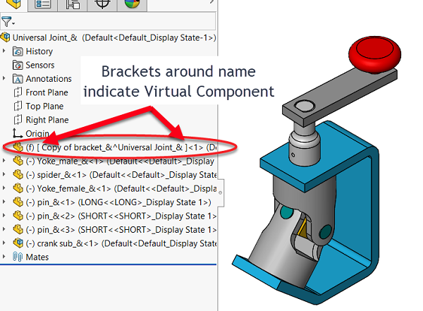 Brackets appear around the component name in the FeatureManager