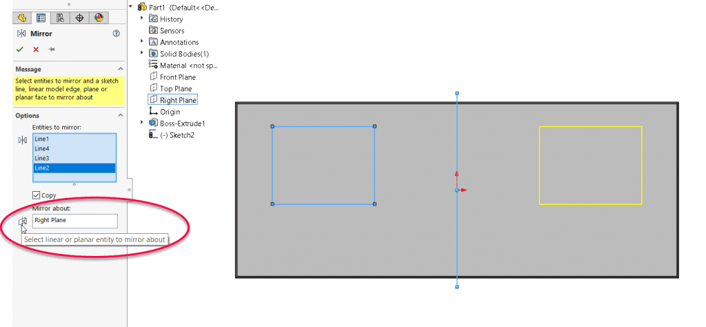 SOLIDWORKS Sketch example - mirror plane