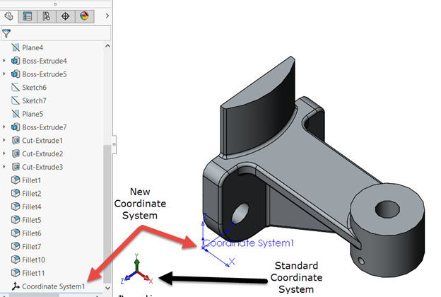 Custom Coordinate System in SOLIDWORKS - New and Standard System indicators