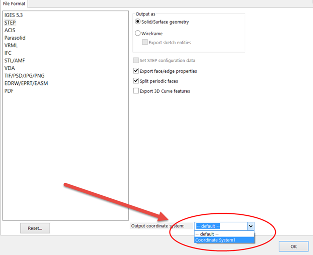 Custom Coordinate System in SOLIDWORKS Output spot selections