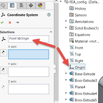 Custom Coordinate System in SOLIDWORKS - Point of Origin selected