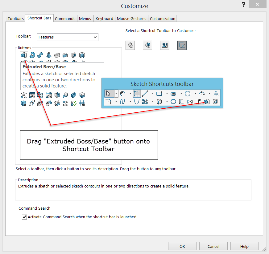 Customize Pop Up - Drag Extruded Boss - Base Button onto Shortcut Toolbar