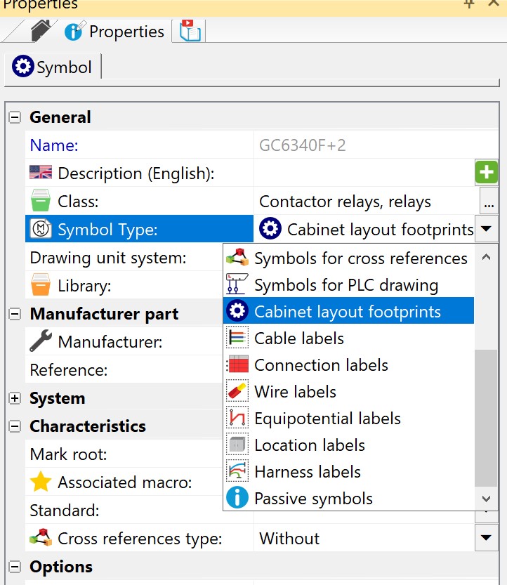 Cabinet layout footprints - symbol type in Properties menue