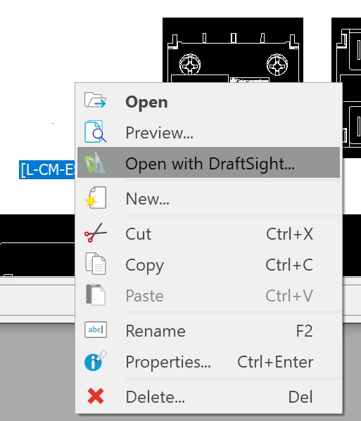Open With DraftSight selected from a dropdown