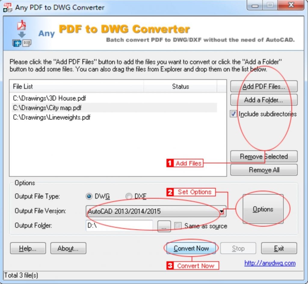 PDF to DWG Converter With "Options," "Add PDF Files," and "AutoCAD" selected.