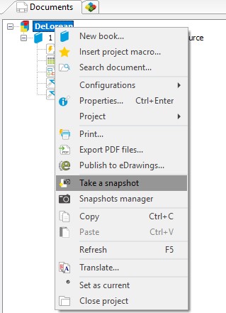 SOLIDWORKS Screenshot - 'Take Snapshot' Option