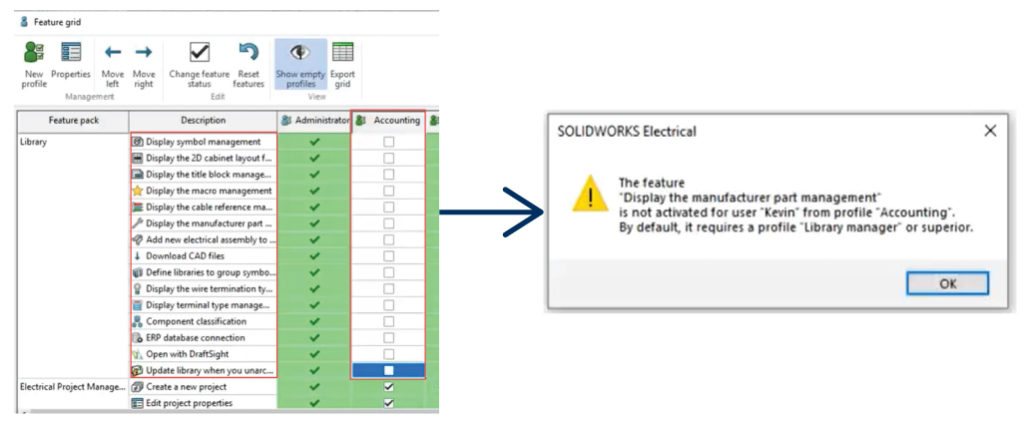 Options in feature grid SOLIDWORKS Electrical