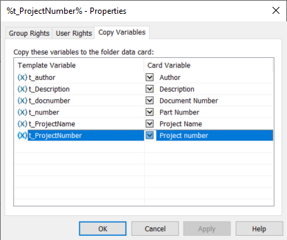 Assign permissions and copy variables from the template variables to the card variable.