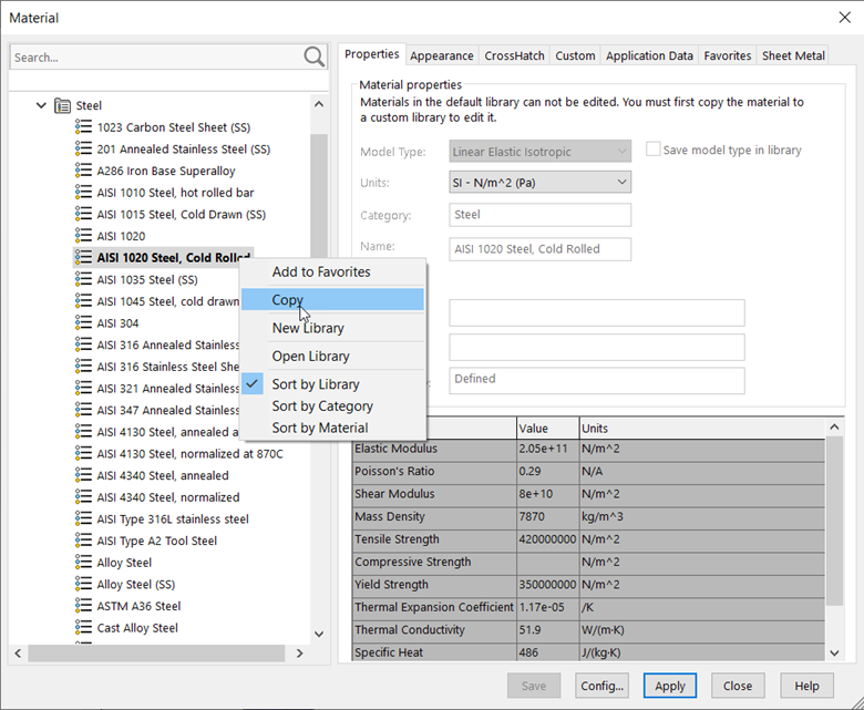 Adding or deleting materials in the custom library. Copy the material from standard libraries.