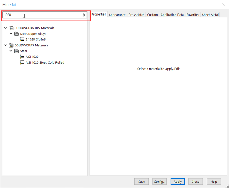 Search for materials in shared SOLIDWORKS libraries