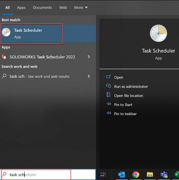 Access windows task scheduler by searching for it in the search bar.