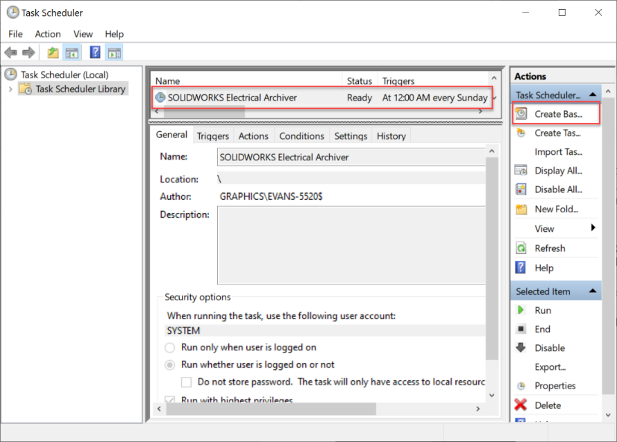 Click in the right Actions panel to create your own new task.