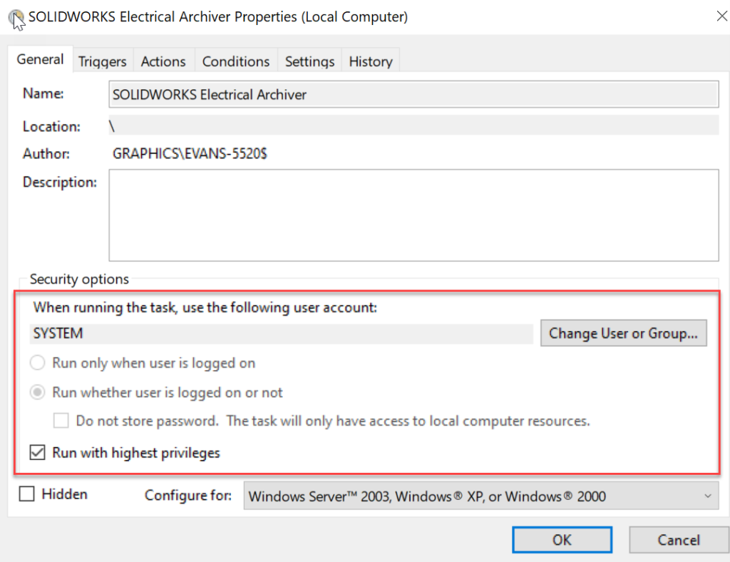 Start with the General tab to ensure privileges and user settings will run the task properly.