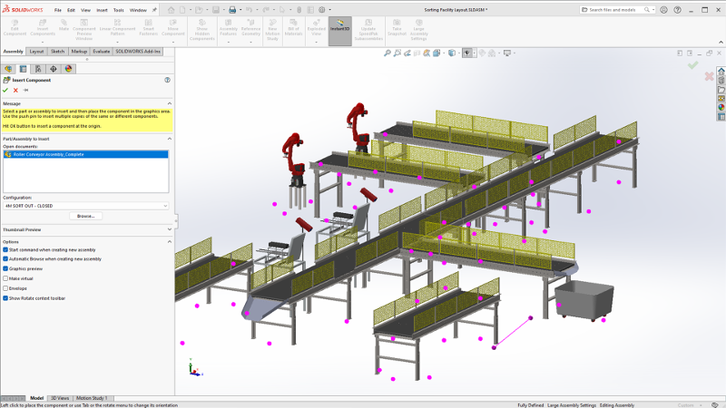 Select a part or assembly to insert and then place the component in the graphics area. Use the push pin to insert multiple copies of the same or different components.