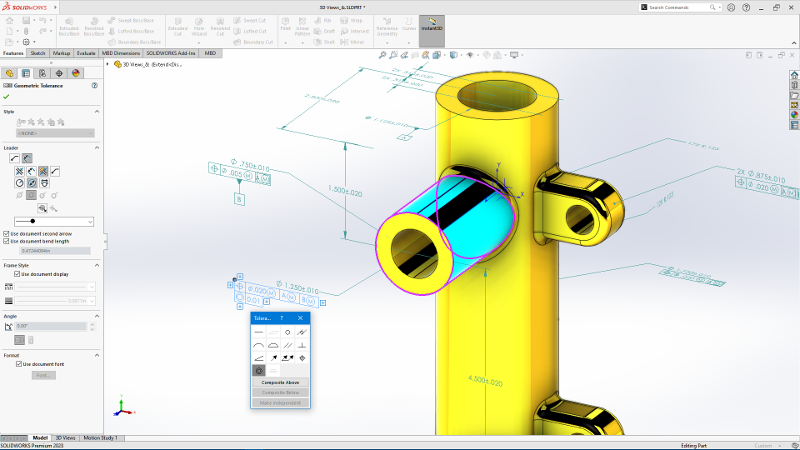 Communicate designs more clearly in 3D with the ability to view all dimensions in an assembly in SOLIDWORKS MBD.