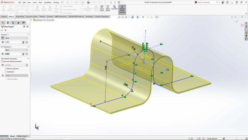 Equalize bend radius values more easily by applying symmetric thickness with the Base Flange or Lofted Bend features.