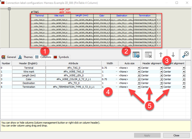 The Columns tab allows you to adjust, add, or remove key wire, terminal, and signal information.